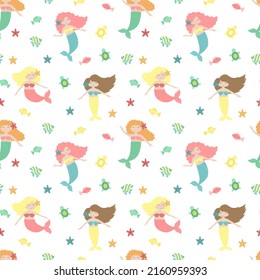 Seamless summer pattern with cute mermaids, fish and starfish. Vector sea illustration for children, holiday, background, print, fabric, card, clothes, girl, birthday. Hand-drawn image of a mermaid.