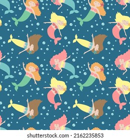 Seamless summer pattern with cute mermaids and bubbles. Vector sea illustration for child, holiday, background, print, clothes, girl, birthday. Hand-drawn marine image of a mermaid.