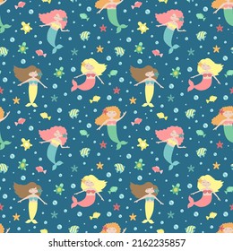 Seamless summer pattern with cute mermaids, fish, starfish and bubbles. Vector sea illustration for children, holiday, background, print, card, clothes, girl, birthday. Hand-drawn image of a mermaid.