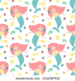 Seamless summer pattern with cute mermaids with pink hair and blue tail. Vector sea illustration for baby, holiday, background, print, clothes, girl, birthday. Marine image of mermaid, fish and turtle