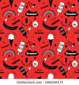 Seamless summer pattern with cute monochrome drawings and slogans on a bright background. Summer set of ice cream, rainbow, bananas and words. Banner, poster, wrapping paper. Vector illustration.