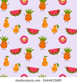 Seamless summer pattern with cute pineapple, pear, watermelon, and banana characters. Fun and colorful cartoon design perfect for kids, fabric, and seasonal decorations. Vector illustration