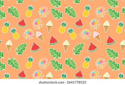 Seamless summer pattern with cute pineapples, watermelons, ice cream, and tropical leaves on orange background, perfect for seasonal products, kids items, and summer-themed designs