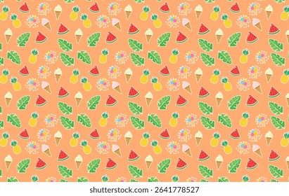 Seamless summer pattern with cute pineapples, watermelons, ice cream, and tropical leaves on orange background, perfect for seasonal products, kids items, and summer-themed designs