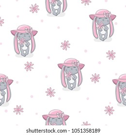 Seamless summer pattern with cute rabbit baby. Vector background for girls