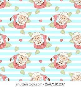 Padrão de verão sem costura com Ovelha Fofa na piscina flamingo rosa no fundo listrado com folhas tropicais. Funny Beach kawaii Farm Animal personagem. Ilustração vetorial. Coleção Kids