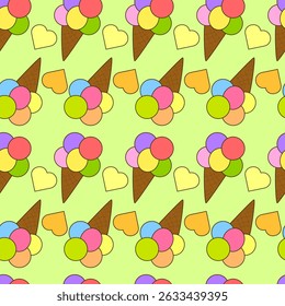 Seamless summer pattern with cute simple flat illustration of colorful ice cream waffle cones on a green background. For Summertime, dessert, refreshing design, or National Ice Cream Day celebration.
