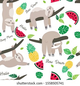 Seamless Summer Pattern with cute Sloth watermelon and pineapple vector illustration on white background Tropical Leaf Pattern design for fabric. Set of animals sleeping 