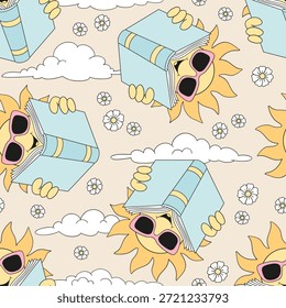 Padrão de verão sem costura com ilustração de desenho animado do livro de leitura do sol bonito para fundos educativos lúdicos e design de superfície decorativa