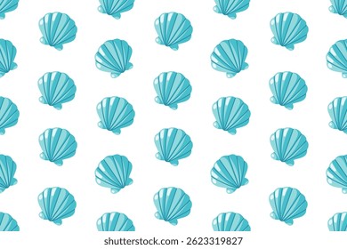 Seamless summer pattern with cute turquoise cartoon sea shells with glossy highlights. Tropical vector background