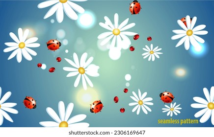 Patrón veraniego sin inconvenientes con margaritas y ladybugs. Fondo azul con efecto de brillo
