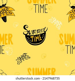 Seamless summer pattern. Decorative Watermelon slice and ice cream with lettering Summer and sweet time on yellow background with seashells. Vector illustration. For design and decor, wallpapers