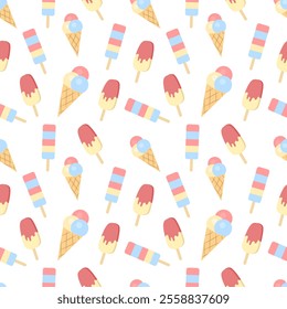 Seamless summer pattern with different ice cream on white background