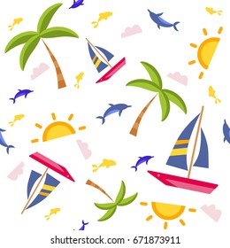 Seamless summer pattern with dolphin, palm tree, sailboat. Vector illustration.