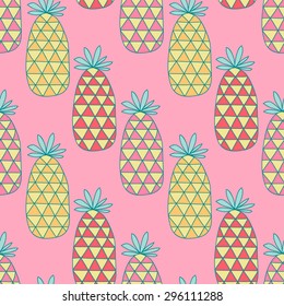 Seamless summer pattern with doodle pineapples. Hand drawn. Pink background.