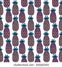 Seamless summer pattern with doodle pineapples. Hand drawn. Fruits with ornament.