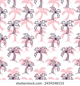 Seamless summer pattern in doodle style with palm trees. Tropical plant painting wallpaper texture. Hand drawn doodle illustration.