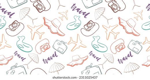 Seamless summer pattern drawn with one line and colorful pastel colors. Use it for labels, print on t-shirt, wallpaper of children's room, design, background.