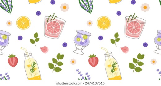 Seamless summer pattern, drinks with citrus, berries, and herbs. Design includes elements like lemons, strawberries, mint leaves, and flowers, perfect for seasonal projects and decorations.