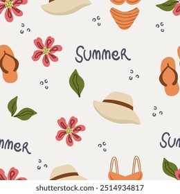 seamless summer pattern - elements, hat, flowers, slipper, bikini. Summer pattern great for wallpaper, decoration, notebook cover, print. Vector eps 10