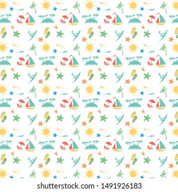 Seamless summer pattern with summer elements including sea wave, sea shell, watermelon, surfing, sail boat, hand-drawn illustration seamless pattern background vector format