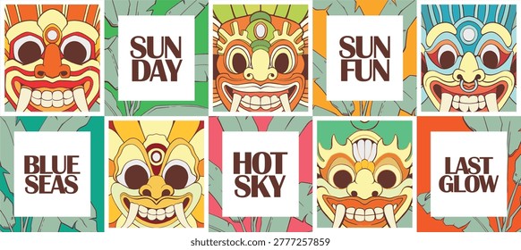 Seamless summer pattern with ethnic tribal masks and tropical foliage. Vibrant flat design illustration for textiles, apparel, and exotic backgrounds. Colorful Sri Lankan and African cultural motifs.