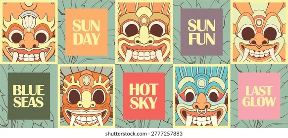 Seamless summer pattern with ethnic tribal masks and tropical foliage. Vibrant flat design illustration for textiles, apparel, and exotic backgrounds. Colorful Sri Lankan and African cultural motifs.