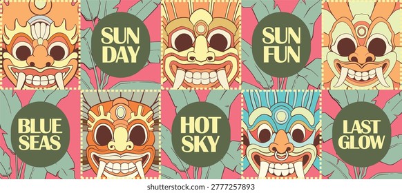 Seamless summer pattern with ethnic tribal masks and tropical foliage. Vibrant flat design illustration for textiles, apparel, and exotic backgrounds. Colorful Sri Lankan and African cultural motifs.