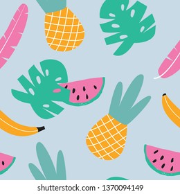 Seamless summer pattern with exotic leaves and fruit. Vector illustration for printing on banner, poster, wrapping paper, fabric. Cute baby background.