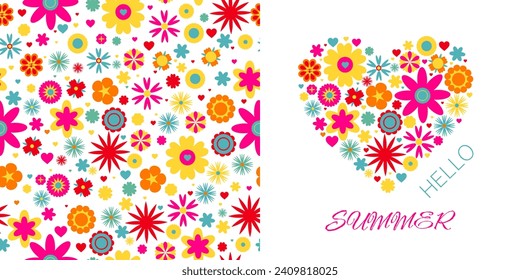 Seamless summer pattern for fabric, floral heart print for clothing. Isolate clipart, vector