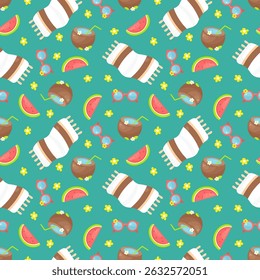 Seamless summer pattern featuring beach towels, coconuts with straws, watermelon slices, sunglasses with flowers, and tropical yellow flowers on a bright blue background. Hand-drawn vector style. 
