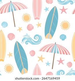 Seamless summer pattern featuring beach elements like surfboards, umbrellas, seashells, sunglasses, and ocean waves in pastel colors, flat vector style, perfect for fabric, packaging, and wallpapers.
