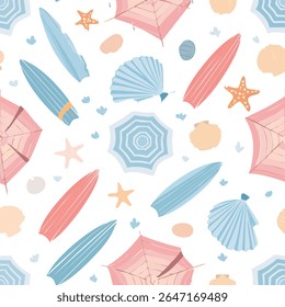 Seamless summer pattern featuring beach elements like surfboards, umbrellas, seashells, sunglasses, and ocean waves in pastel colors, flat vector style, perfect for fabric, packaging, and wallpapers.