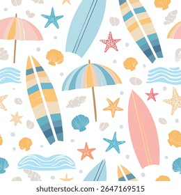 Seamless summer pattern featuring beach elements like surfboards, umbrellas, seashells, sunglasses, and ocean waves in pastel colors, flat vector style, perfect for fabric, packaging, and wallpapers.