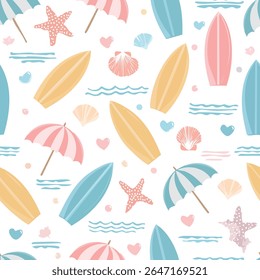 Seamless summer pattern featuring beach elements like surfboards, umbrellas, seashells, sunglasses, and ocean waves in pastel colors, flat vector style, perfect for fabric, packaging, and wallpapers.