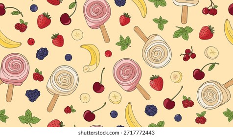 Padrão contínuo de verão com deliciosos picolés de frutas, morangos frescos, cerejas, bananas e hortelã em um fundo pastel.