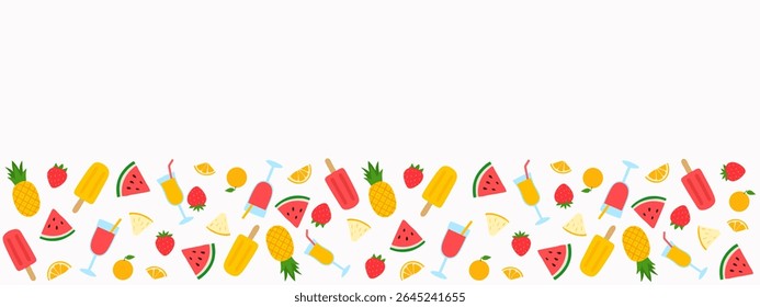 Seamless summer pattern featuring flat-style colorful illustrations of tropical fruits, popsicles, and refreshing drinks.