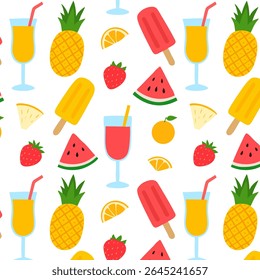 Seamless summer pattern featuring flat-style colorful illustrations of tropical fruits, popsicles, and refreshing drinks.