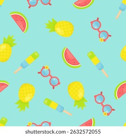 Padrão contínuo de verão com ilustrações desenhadas à mão de melancias, abacaxis, picolés e óculos de sol em um fundo azul brilhante.     Ilustração vetorial em estilo desenhado à mão.