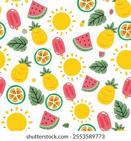 Seamless summer pattern featuring pineapples, watermelons, popsicles, leaves, and suns on a white background. Perfect for seasonal prints, packaging, wrapping paper, and tropical-themed designs