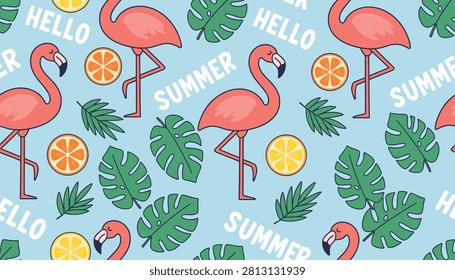 Seamless summer pattern featuring pink flamingos orange slices green tropical leaves and the text hello summer.