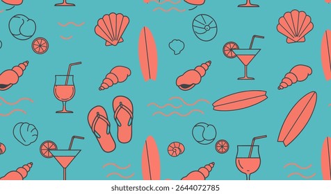 A seamless summer pattern featuring seashells, surfboards, cocktails, flip-flops, and ocean waves in a coral color on a blue background.