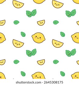 A seamless summer pattern featuring whole lemons, citrus slices, and mint leaves in a cute kawaii style. Bright, minimal, and fresh design perfect for packaging or textiles.