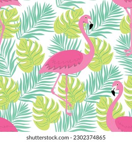 Seamless summer pattern with flamingo. Tropical trendy seamless pattern. Design for fabric, wallpaper, textile and decor.