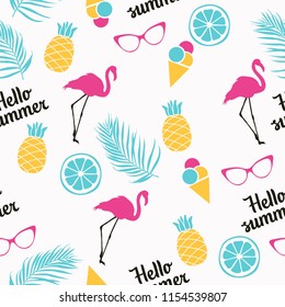 Seamless summer pattern with flamingos, pineapple, palm leaves, ice cream, sunglasses. Vector illustration.