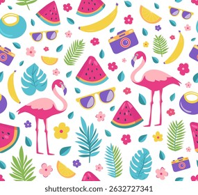 Nahtloses Sommermuster mit Flamingos, tropischen Früchten, Palmblättern, Sonnenbrillen, Kameras und Blumen. Helles Vektordesign im flachen Stil. Perfekt für Sommer-Drucke und Hintergründe