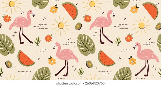 Seamless summer pattern with flamingos, watermelon, sun, tropical leaves. The background is bright, naive in a minimalist style. for print, paper, business ideas, banners, social media. art vector 