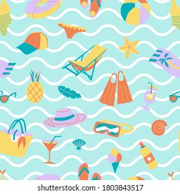 Seamless summer pattern with flat hand drawn elements for fun party, beach holidays at the sea activities, vector background for cards, poster, textile. Colourful surface design with wavy background.
