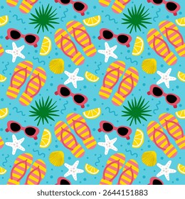 Seamless summer pattern with flip-flops, sunglasses, starfish, tropical leaves, seashells, and lemon slices on a blue sea-inspired background. Ideal for fabric, banners, cards, and digital prints.
