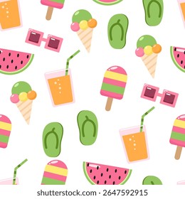 Seamless summer pattern with flip-flops, sunglasses, watermelon, ice cream, popsicles, and juice. Perfect for textiles, backgrounds, and web design.